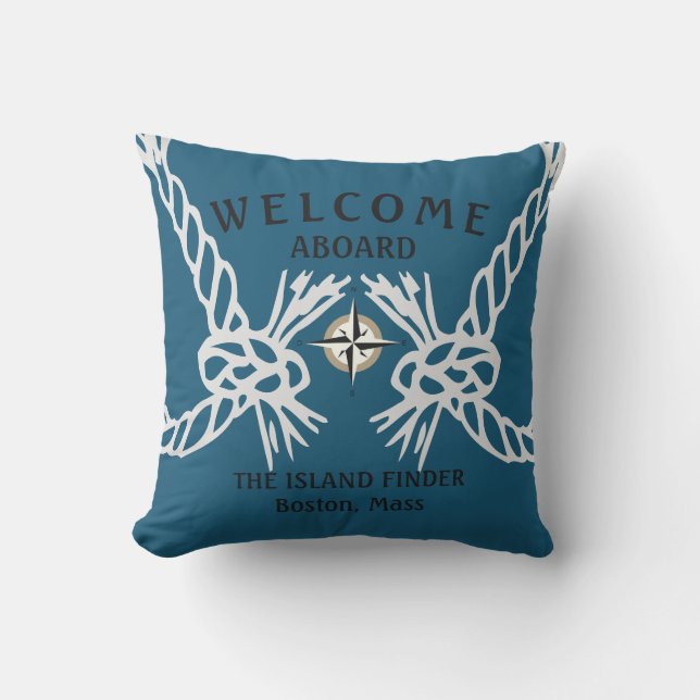 Welcome Aboard The Boats Name Ocean Blue and White Outdoor Pillow (Front)