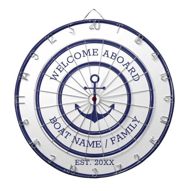 Welcome Aboard white & blue nautical anchor custom Dartboard (Front)
