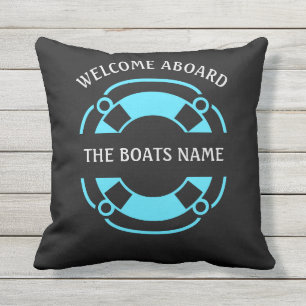 Welcome Aboard with Personalized Boats Name Black Outdoor Pillow