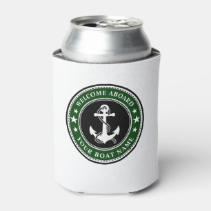Welcome Aboard Your Boat Name Anchor Stars Green Can Cooler