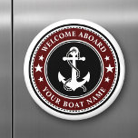 Welcome Aboard Your Boat Name Anchor Stars Red Magnet<br><div class="desc">A stylish black,  white and deep red round magnet featuring a custom nautical boat anchor with stars on and your personalized "Welcome Aboard" text and Your Boat Name or other desired text. Customize them with your favourite background colour and much more. Makes a great gift for any occasion.</div>