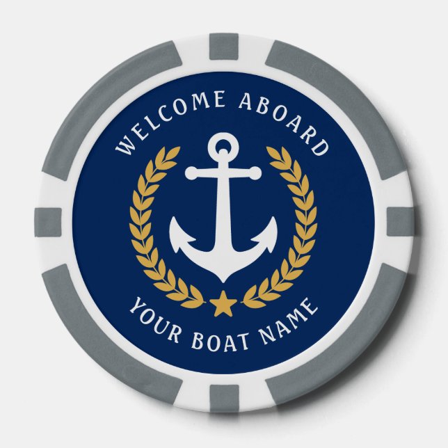 Welcome Aboard Your Boat Name Nautical Style Poker Chips (Front)