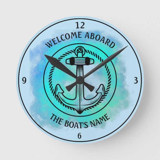 Welcome Aboard Your Boat's Name Anchor Blue Green Round Clock (Front)