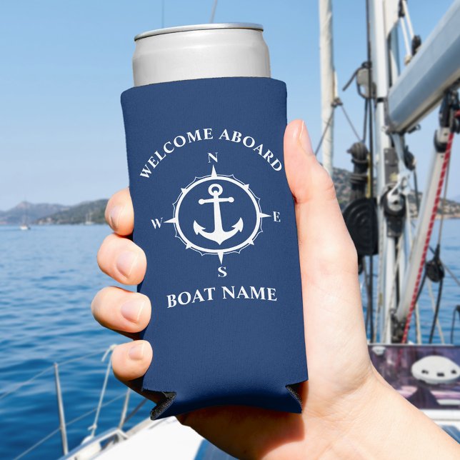 Welcome Aboard Your Name or Boat Compass Anchor Seltzer Can Cooler (Creator Uploaded)