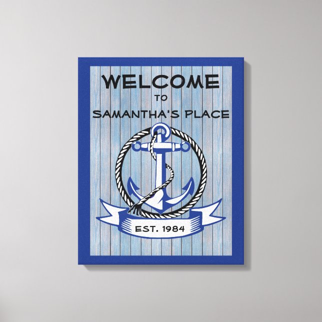 Welcome Anchor on Blue Stained Planks Canvas Print (Front)