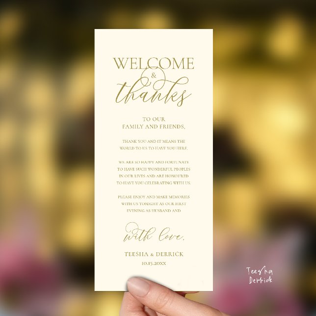 "Welcome and Thanks" Elegant Reception Guest Card ("Welcome and Thanks" Elegant Wedding Reception Guest Thank you Card in Yellow Gold)