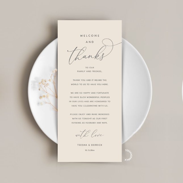 "Welcome and Thanks" Elegant Reception Guest Card (Modern Elegant Wedding Reception "Welcome and Thanks" Table Card for Guest in Cream Grey)