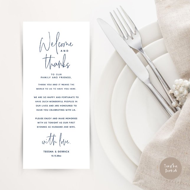 Welcome and Thanks, Place Setting Thank You Card (Wedding Dinner Place Setting Thank You Card, Modern Minimalist, in Navy Blue)
