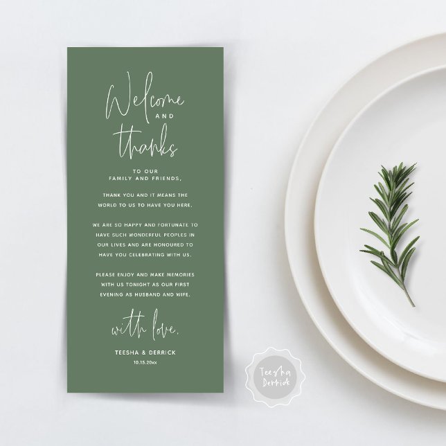 Welcome and Thanks, Place Setting Thank You Card (Wedding Dinner Place Setting Thank You Card, Welcome and Thanks, in Sage Green)