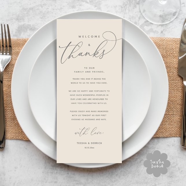 Welcome and Thanks, Place Setting Thank You Card (Welcome and Thanks, Modern Wedding Dinner Brunch Lunch Place Setting Thank You Card in Cream Grey)