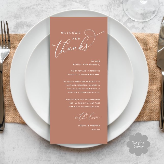 Welcome and Thanks, Place Setting Thank You Card (Welcome and Thanks, Modern Wedding Dinner Brunch Lunch Place Setting Thank You Card in Earthy Brown)