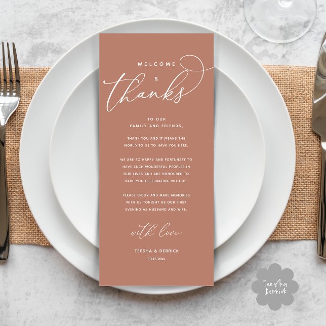 Welcome and Thanks, Place Setting Thank You Card (Welcome and Thanks, Modern Wedding Dinner Brunch Lunch Place Setting Thank You Card in Terracotta)