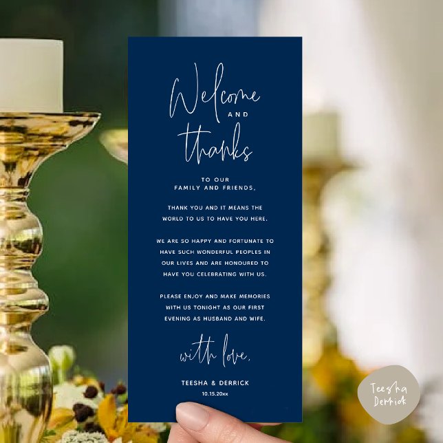 Welcome and Thanks, Place Setting Thank You Card (Welcome and Thanks, Modern Wedding Dinner Place Setting Thank You Card, Plate Decor, Navy Blue)