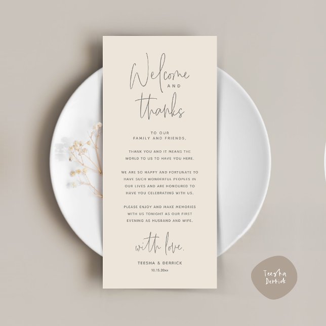 Welcome and Thanks, Place Setting Thank You Card (Welcome and Thanks, Place Setting Thank You Dinner Party Card in Cream Grey)