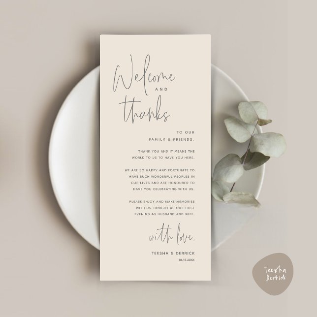 Welcome and Thanks, Place Setting Thank You Card (Welcome and Thanks, Wedding Dinner Place Setting Thank You Card in Dark Grey Cream)