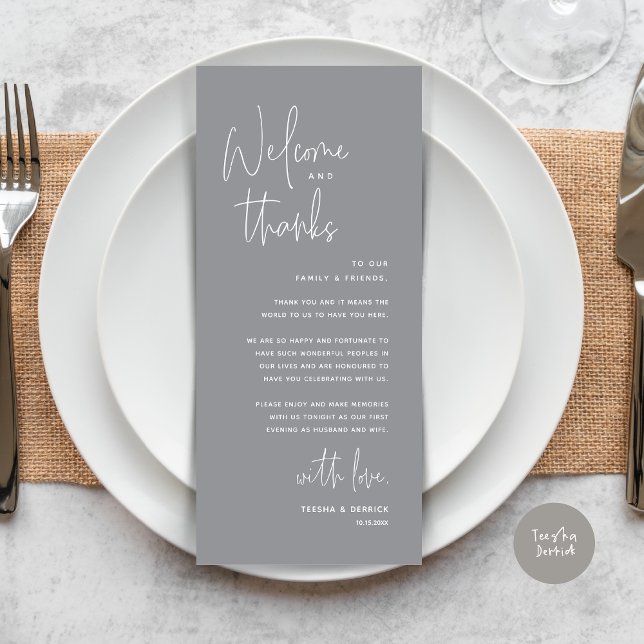 Welcome and Thanks, Place Setting Thank You Card (Welcome and Thanks, Wedding Dinner Place Setting Thank You Card in Dark Grey)