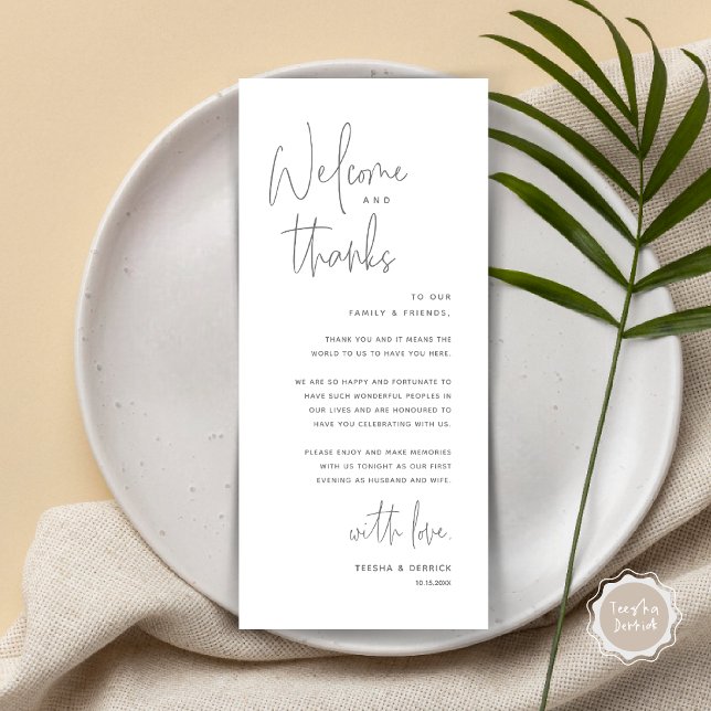 Welcome and Thanks, Place Setting Thank You Card (Welcome and Thanks, Wedding Dinner Place Setting Thank You Card in Dark Grey)