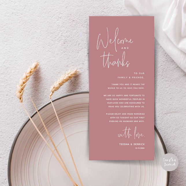 Welcome and Thanks, Place Setting Thank You Card (Welcome and Thanks, Wedding Dinner Place Setting Thank You Card in Retro Dusty Rose Pink)