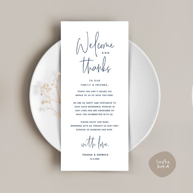 Welcome and Thanks, Place Setting Thank You Card (Welcome and Thanks, Wedding Dinner Place Setting Thank You Card in Classy Navy Blue)