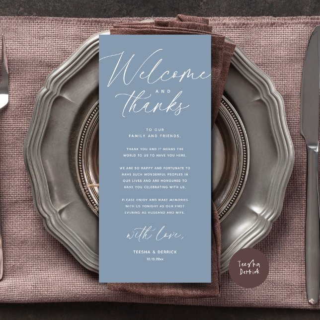 Welcome and Thanks, Place Setting Thank You Card (Welcome and Thanks, Wedding Dinner Place Setting Thank You Card Modern Romantic Dusty Blue)