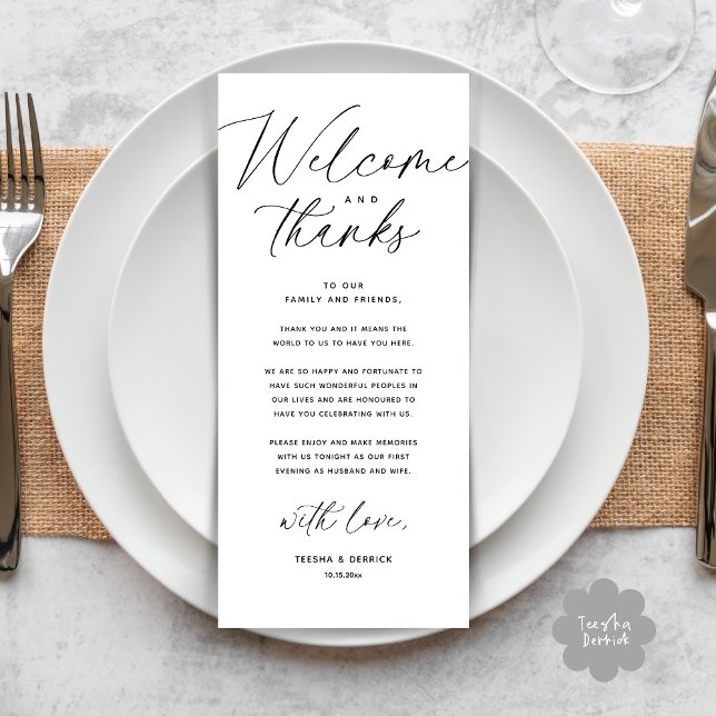 Welcome and Thanks, Place Setting Thank You Card (Welcome and Thanks, Wedding Dinner Place Setting Thank You Card Modern Romantic Black White)