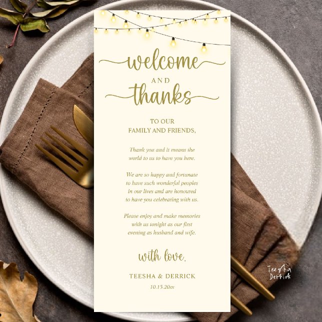 "Welcome and Thanks" Rustic Reception Guest Card ("Welcome and Thanks" Rustic Reception dinner Guest thank you Card in string lights yellow gold)
