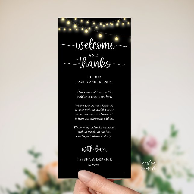 "Welcome and Thanks" Rustic Reception Guest Card ("Welcome and Thanks" Rustic Reception dinner Guest thank you Card in string lights black and white)