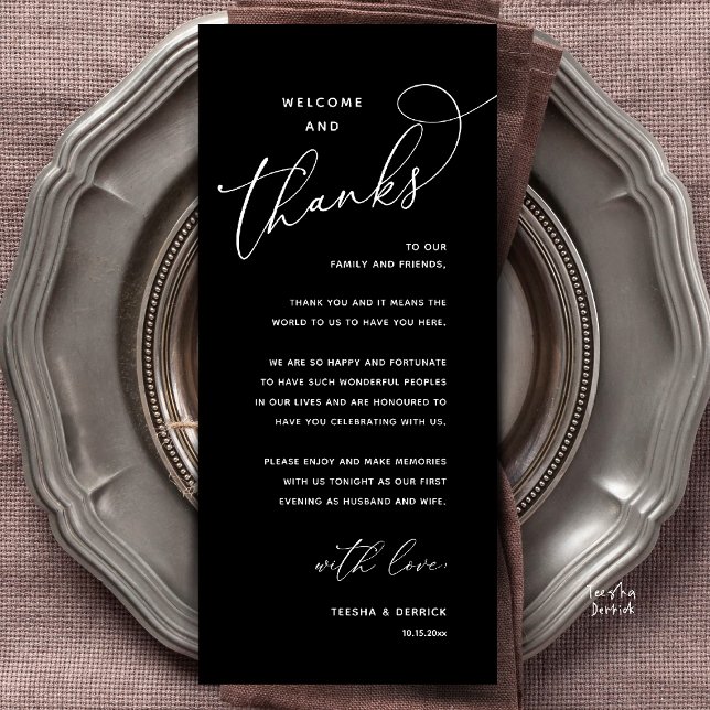 Welcome and Thanks, Wedding Dinner Thank You Card (Welcome and Thanks, Happily Ever After Modern Wedding Dinner Thank You Card in Classy Black White)