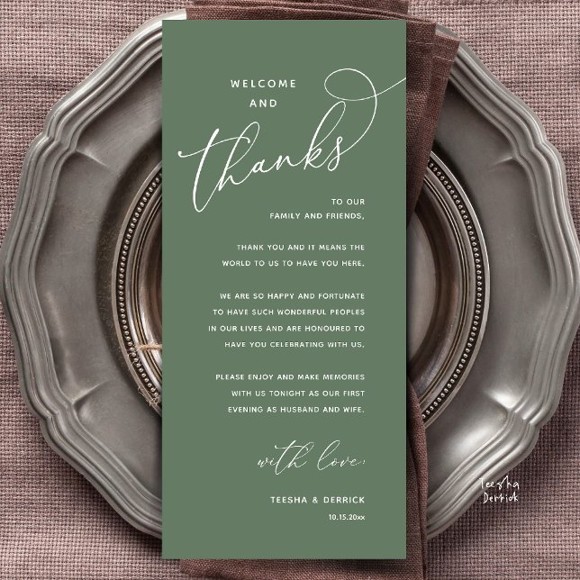 Welcome and Thanks, Wedding Dinner Thank You Card (Welcome and Thanks, Happily Ever After Modern Wedding Dinner Thank You Card in Classy Sage Green)