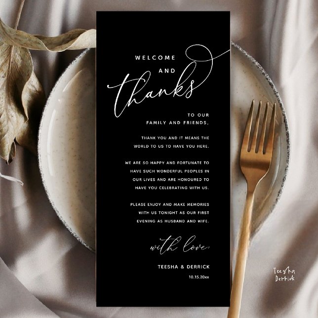 Welcome and Thanks, Wedding Dinner Thank You Card (Welcome n Thanks Wedding Reception Dinner Brunch Lunch Thank You Card in Black White)