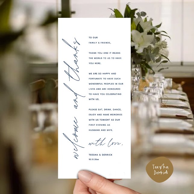 Welcome and Thanks Wedding Dinner Thank You Card (Welcome and Thanks, Wedding Dinner Place Setting Thank You Card in Modern Classy Navy Blue)