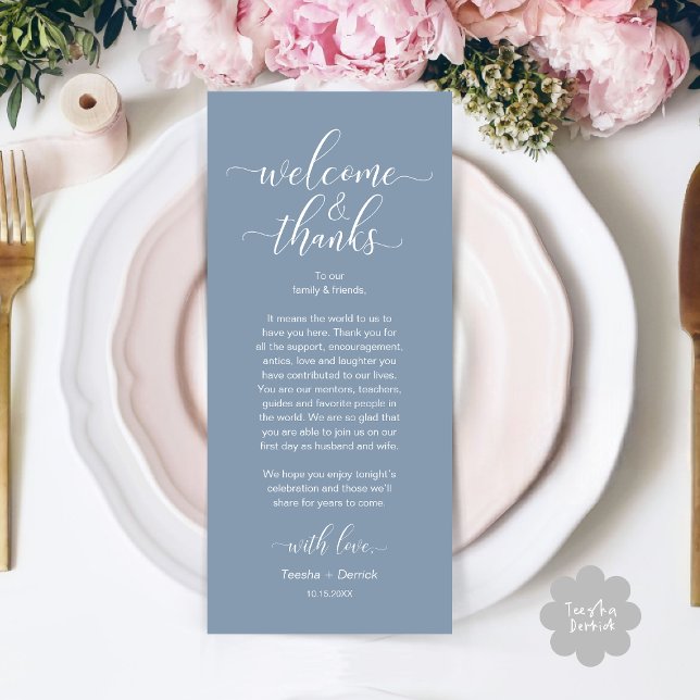 Welcome and Thanks Wedding Place Setting Card (Modern Wedding Dinner Brunch Lunch Table Place Setting Thank You Card in Aesthetic Dusty Blue)