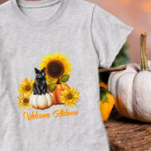 Welcome Autumn Black Cat Sunflowers Pumpkins