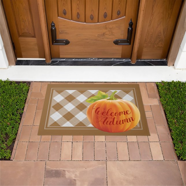 Welcome Autumn Harvest Pumpkin On Gingham Doormat (Outdoor)