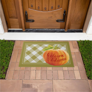 Welcome Autumn Harvest Pumpkin On Gingham Doormat