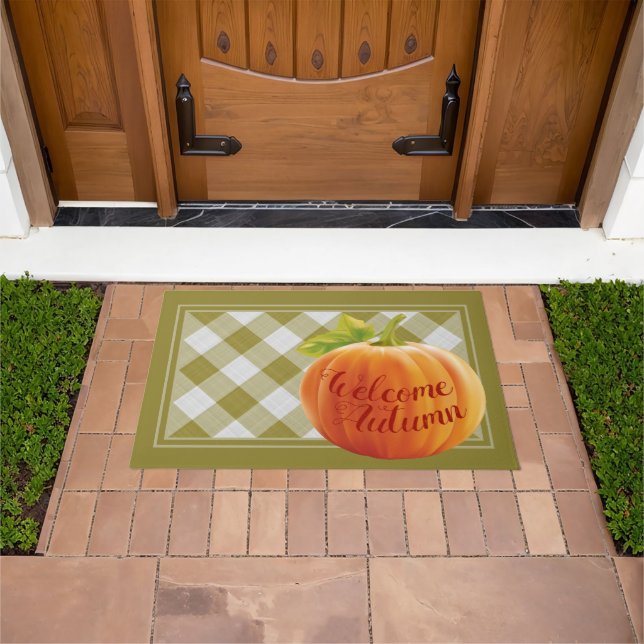 Welcome Autumn Harvest Pumpkin On Gingham Doormat (Outdoor)