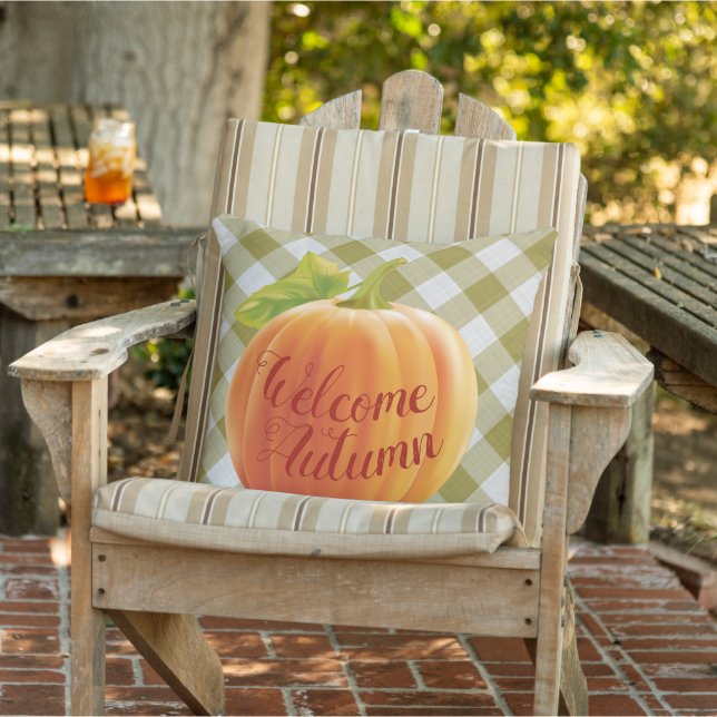 Welcome Autumn Harvest Pumpkin On Gingham Outdoor Pillow (Chair)