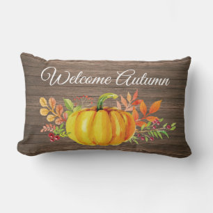 Welcome Autumn Rustic Watercolor Pumpkin Lumbar Pillow