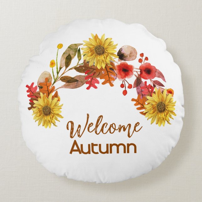 Welcome Autumn Watercolor Flower Swag Seasonal  Round Pillow (Front)