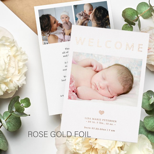 Welcome baby 3 photo rose gold birth announcement (Creator Uploaded)