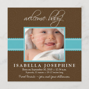 Welcome Baby! Aqua Ribbon Birth Announcement