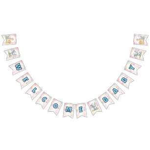 Welcome Baby Blue Safari Animals Baby Shower Bunting Flags