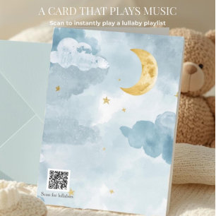Welcome Baby Blue Watercolor Moon QR Code Lullaby Card