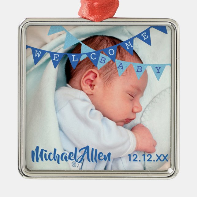 Welcome Baby Boy Blue Banners | Date, Name, Photo Metal Ornament (Front)
