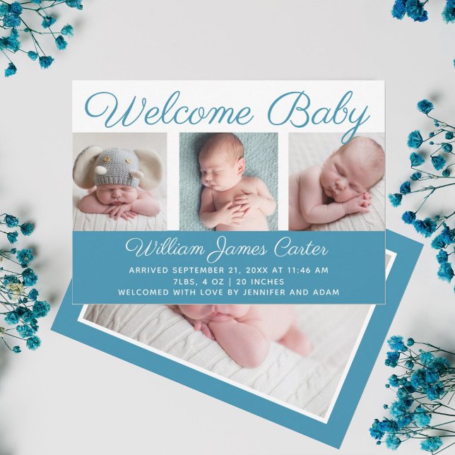 Welcome Baby Boy Blue Photo Cursive Script Birth Announcement (Creator Uploaded)