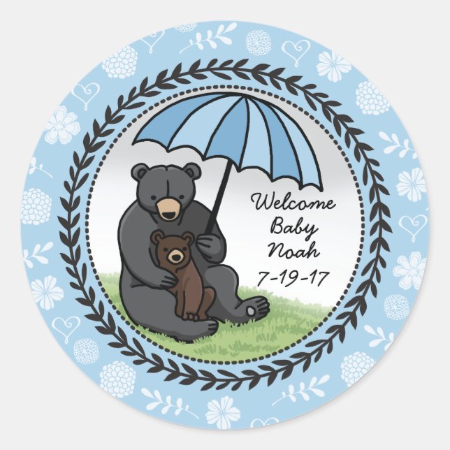 Welcome Baby Boy Mama Bear and Cub Personalized Classic Round Sticker (Front)