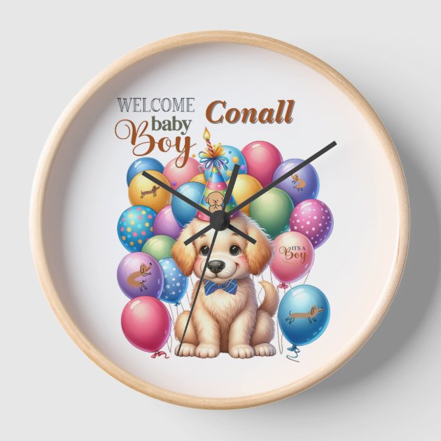 Welcome Baby Boy Puppy Dog and Balloons Design Clock (Front)