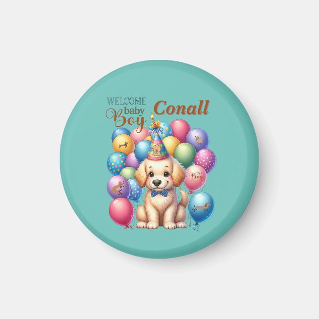 Welcome Baby Boy Puppy Dog and Balloons Design Magnet (Front)