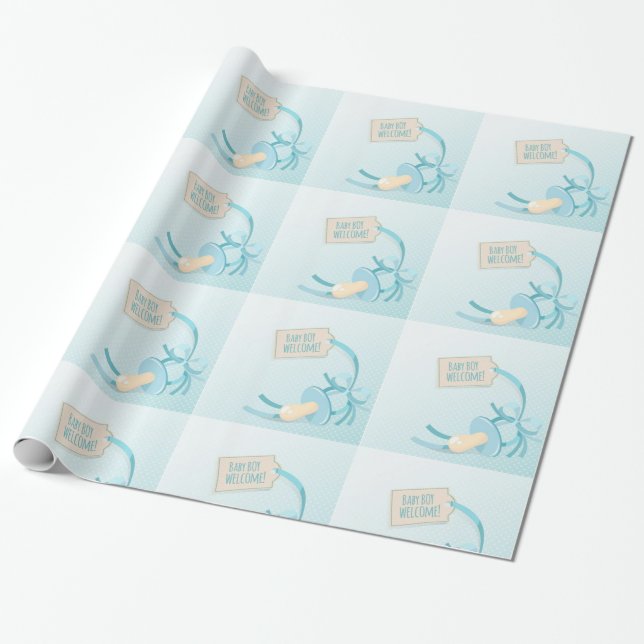 Welcome Baby Boy With Blue pacifier Wrapping Paper (Unrolled)