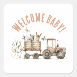 Welcome Baby Country Farm Floral Paper Plate Square Sticker